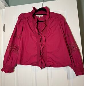 Love the Label Pink Ruffle, Embroidered Puff Sleeve Top M